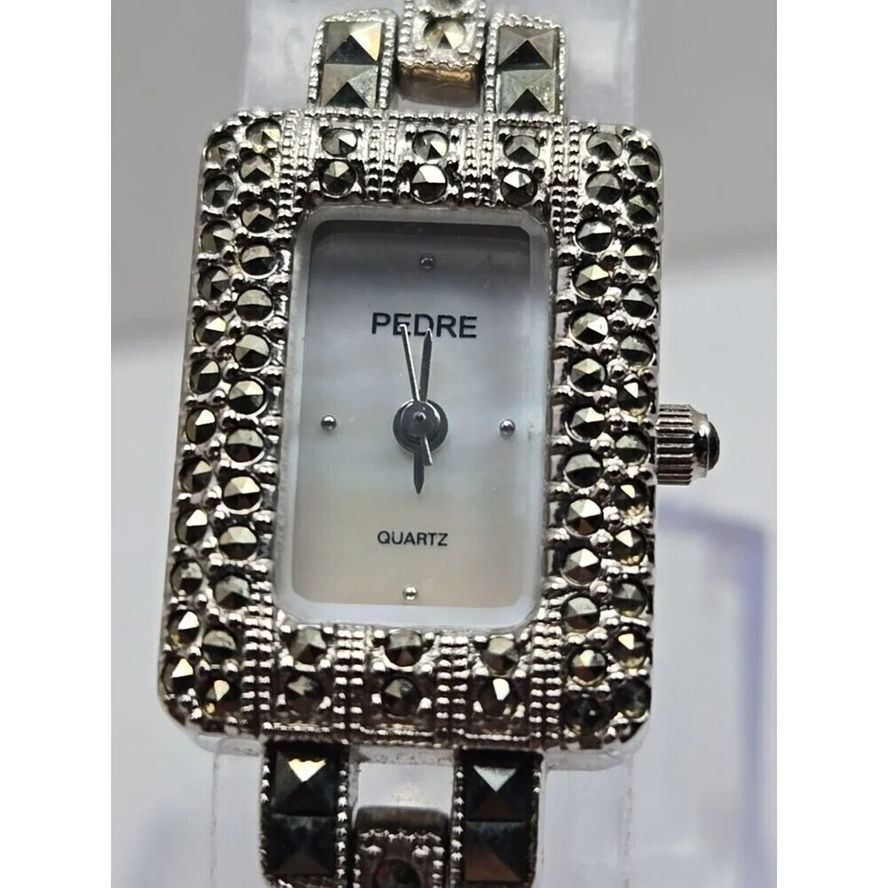 Pedre Marcasite Tank Bracelet Watch Quartz New Battery Silver Tone Vintage MOP